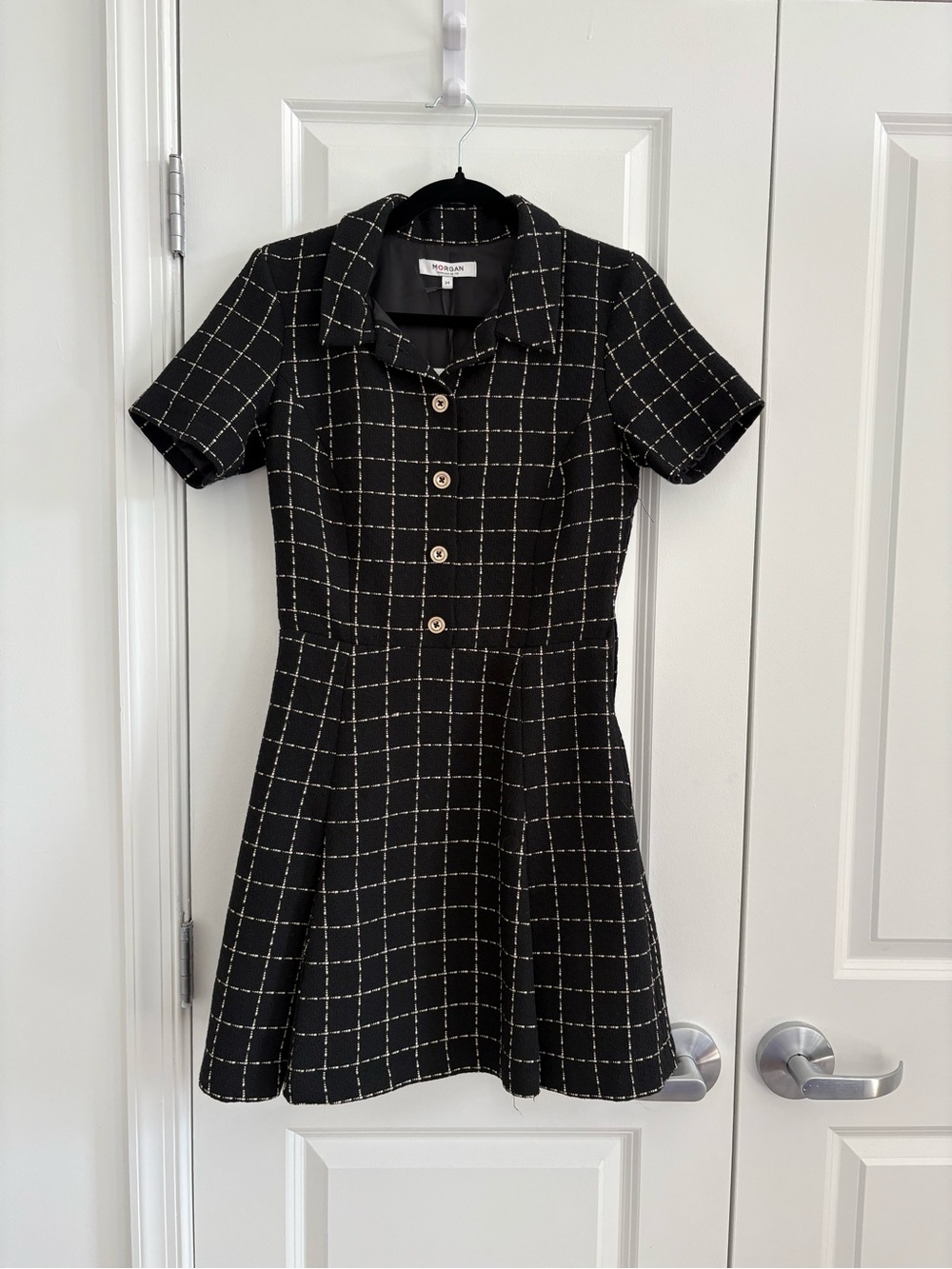Morgan de Toi Black Windowpane Short-Sleeve Fit & Flare Mini Dress